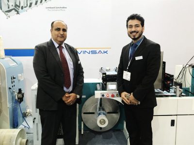 Ranesh Bajaj, director of Vinsak and Tilak Raj from the Marketing and Communications department of the company at Labelexpo India 2018.