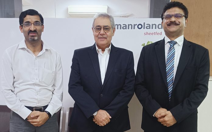 L-R Rahul Chitkara CFO, Neeraj Dargan managing director and Peter Rego director Business Development Manroland Sheetfed India Photo Manroland Sheetfed India