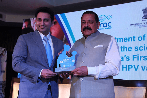 Serum Institute of India CEO Adar Poonawalla with Jitendra Singh, Union minister of science and technology at the launch of the vaccine. Photo: Serum Institute of India